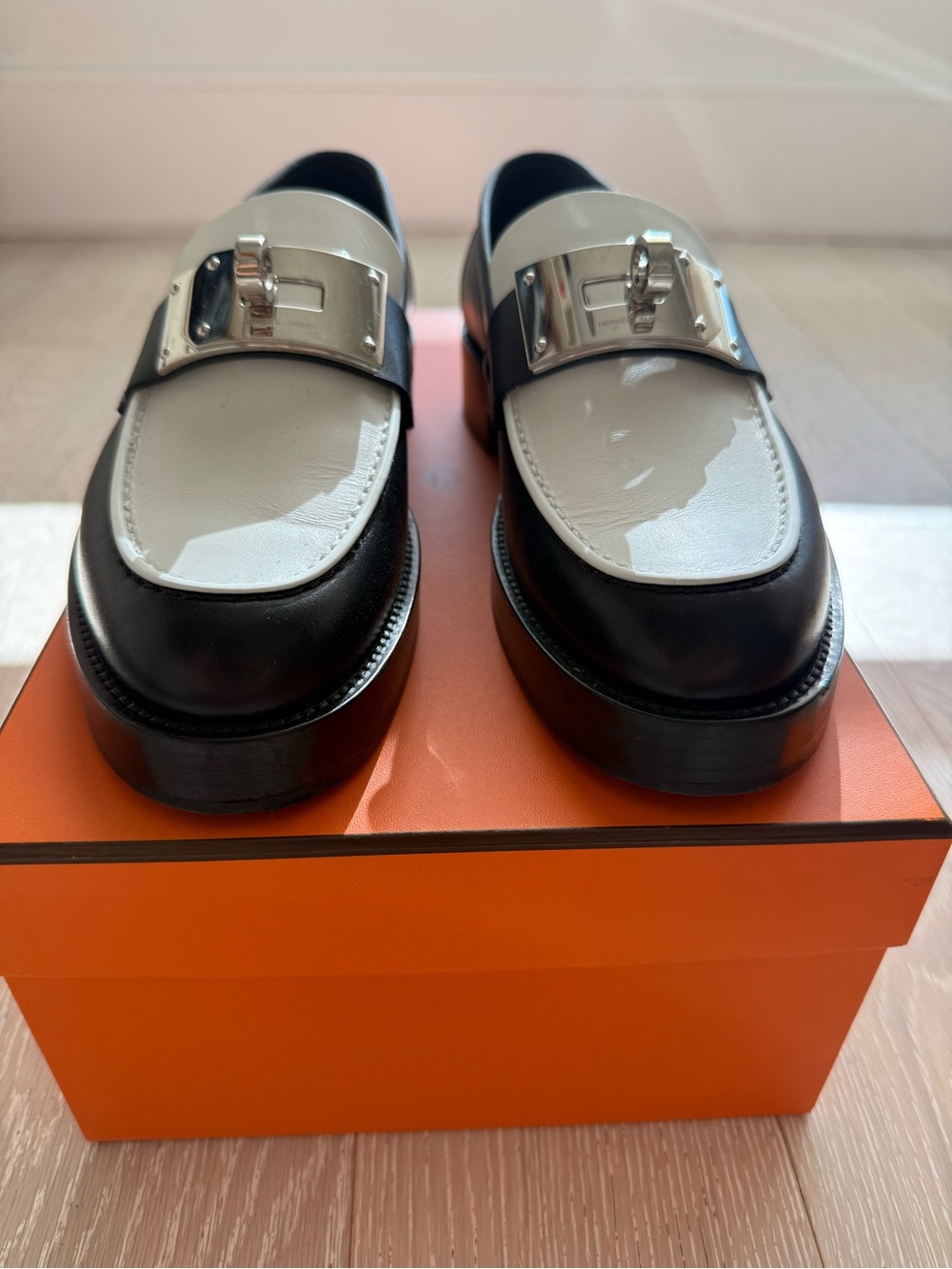 Hermes Black and White Leather Loafers with Silver Hardware